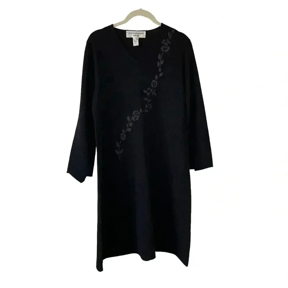 Jones New York Black Floral Knit Dress Size Small Vintage V-Neck Office Classic